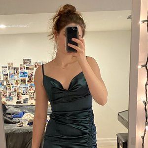 Bodycon Ruched Side Slit Green Silk Dress